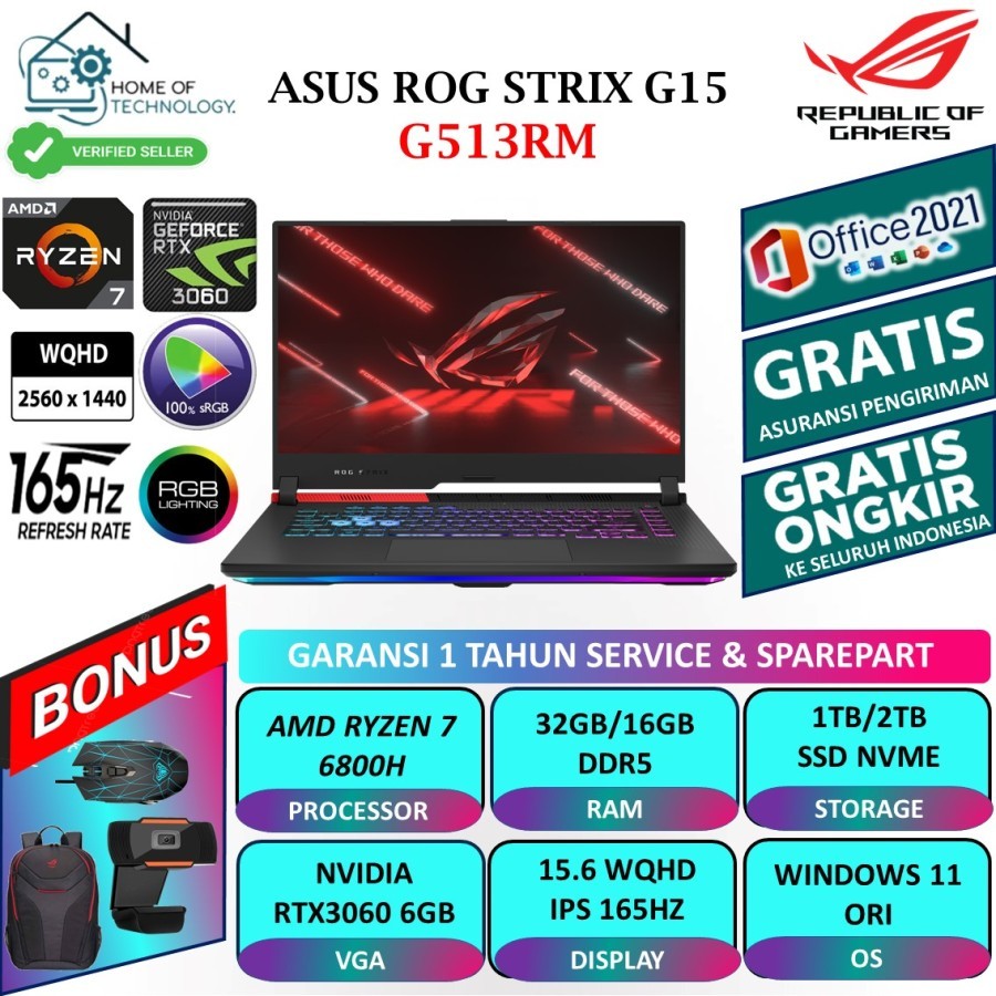 Laptop Gaming Asus ROG Strix G15 G513RM RTX3060 Ryzen 7 6800H 32GB DDR5 2TB NVME 15 WQHD IPS 165HZ 1