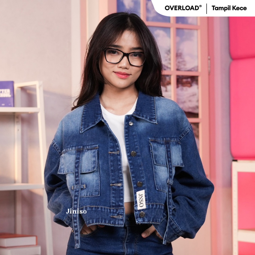 JINISO Jaket Crop Jeans Oversize Boxy Bio Spray