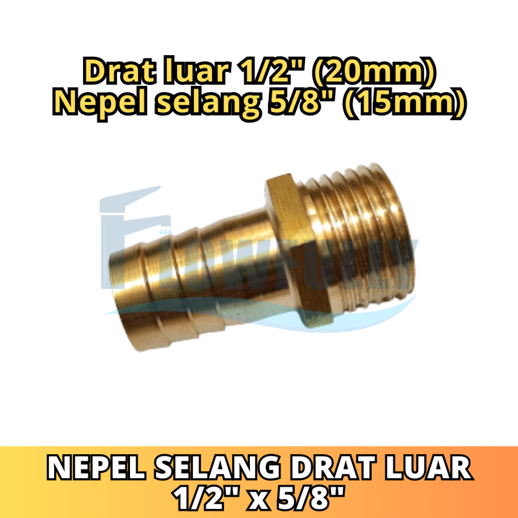 NEPEL SELANG DRAT LUAR 1/2 X 5/8 INCH KUNINGAN SAMBUNGAN DRAT LUAR