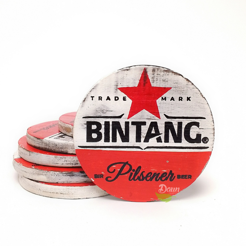 Tatakan Gelas Logo Bir Bintang Kayu set 6 |  Bintang Logo Coaster