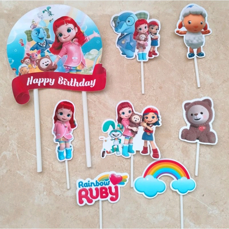 hiasan kue ulang tahun cake topper ulang tahun tema Rainbow Ruby