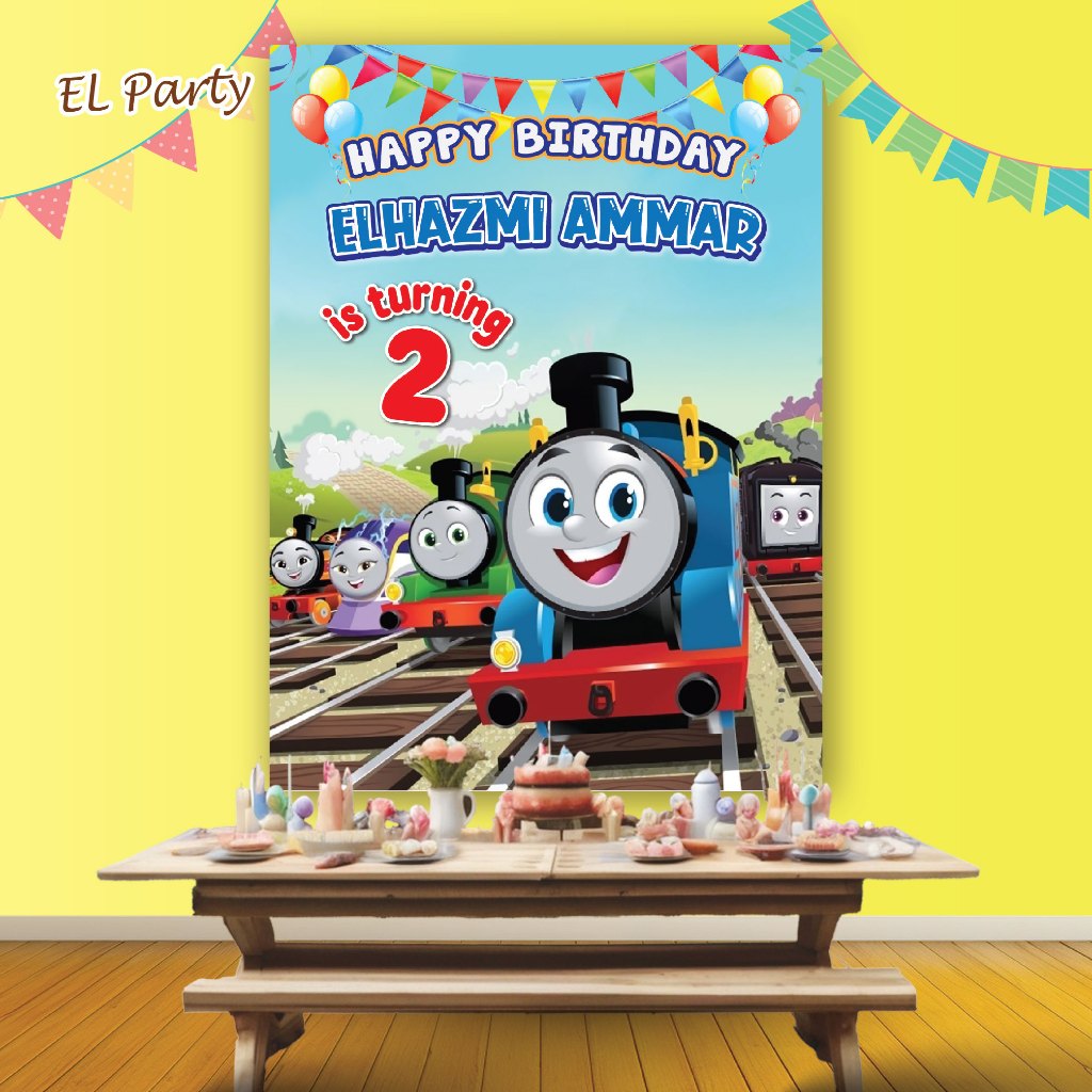 Banner Ulang Tahun THOMAS Spanduk Ultah Kostum Karakter Background Backdrop Dekor Birthday Party