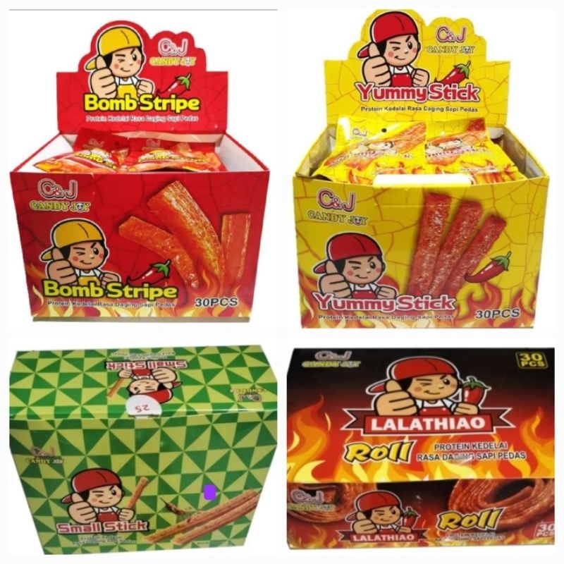 

Lala Thiao latiao BOMB/YUMMY/STICK/ROLL cemilan rasa sapi pedas BOX isi 30 / 20 pcs HALAL