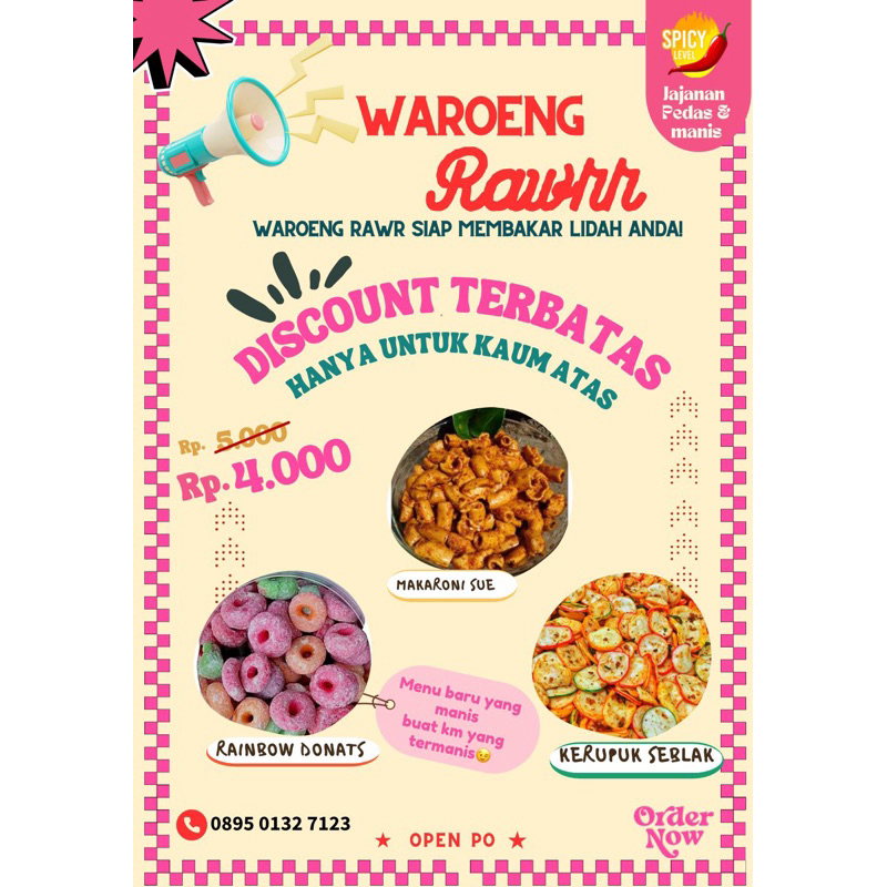 

WAROENG RAWR,kerupuk seblak/makaroni soe/rainbow donat