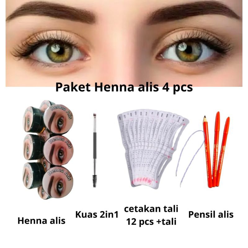 (PAKET ALIS 4IN1)  HENNA ALIS + KUAS 2IN1 + CETAKAN 12 pcs DAN TALI + PENSIL ALIS
