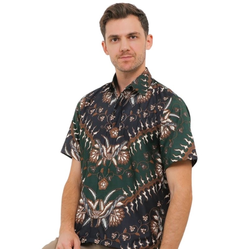 STRBTQ Baju Batik Pria Hem Batik Pria Kemeja Batik Pria Lengan Pendek Keris Hijau