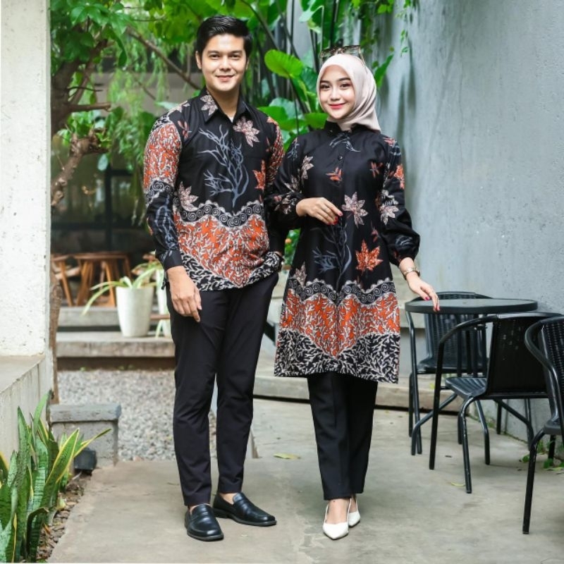 Baju batik couple pria wanita lengan panjang | Set pakaian couple kemeja tunik full kancing depan at