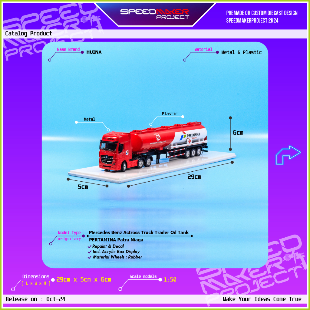 Diecast Custom Mercedes Benz Actross Truck Trailer Oil Tank Pertamina Miniatur Truk Tangki 1:50