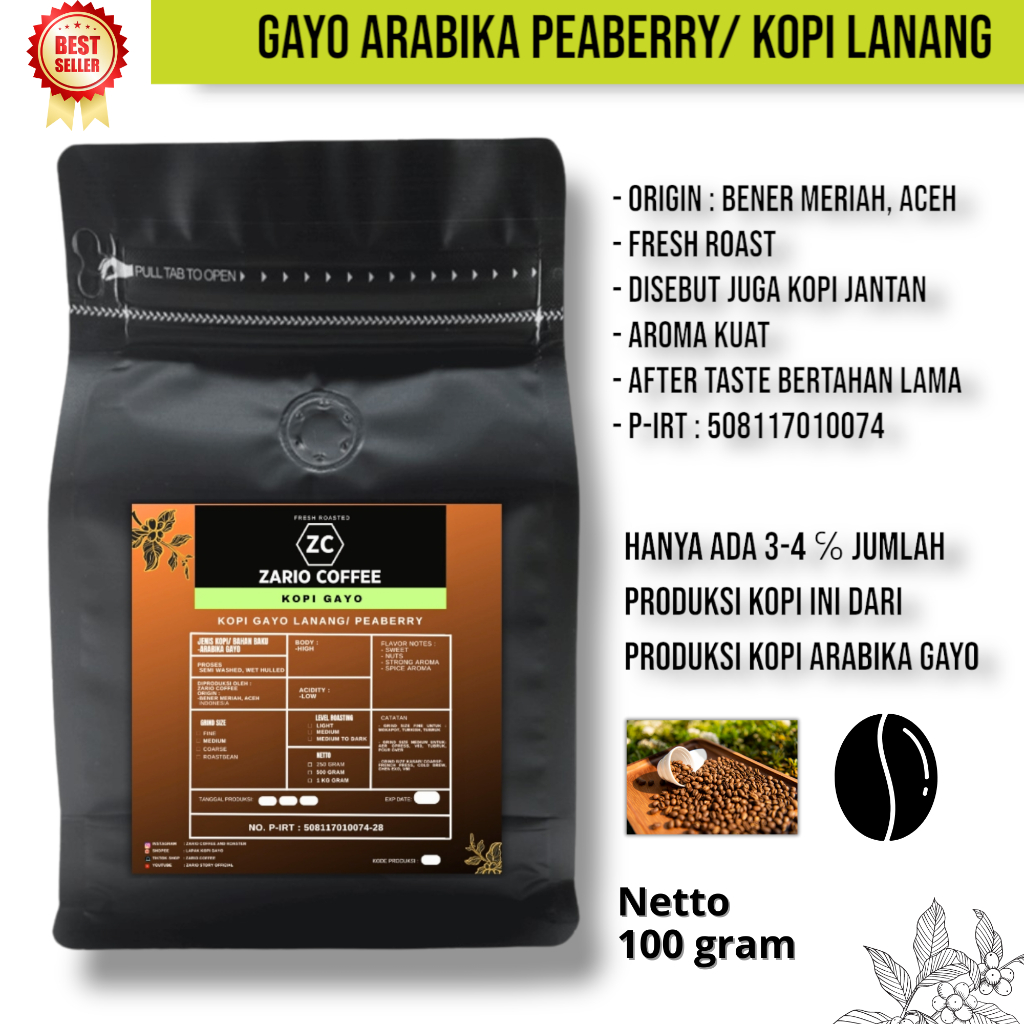 

Kopi Arabika Gayo Peaberry Kopi Lanang 100 Gram Roastbean dan Bubuk Zario