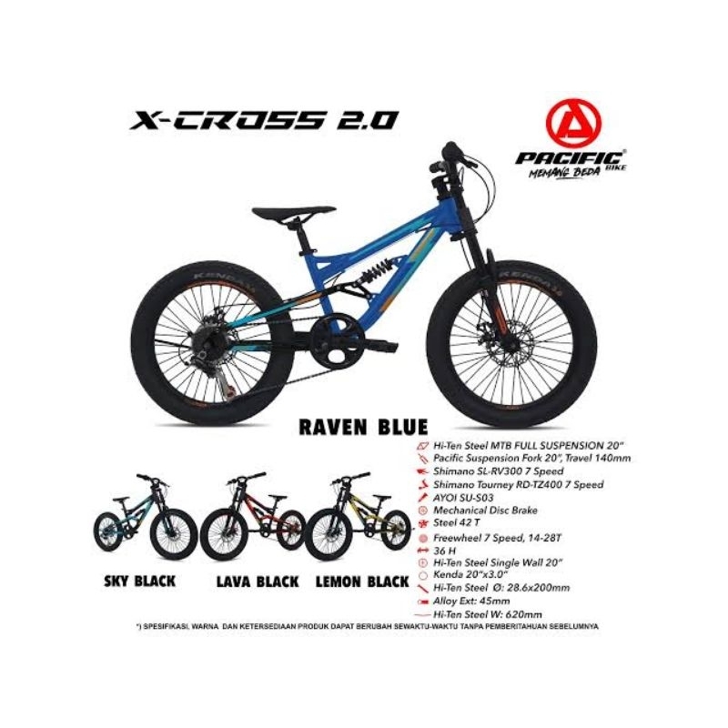 SEPEDA GUNUNG MTB 20 INCH PACIFIC X CROSS X-CROSS 2.0 FULL SUSPENSI FULSUS FULLSUS MURAH ASLI ORIGIN