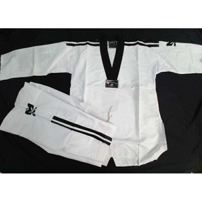 dobok taekwondo moks super fighter stripe hitam