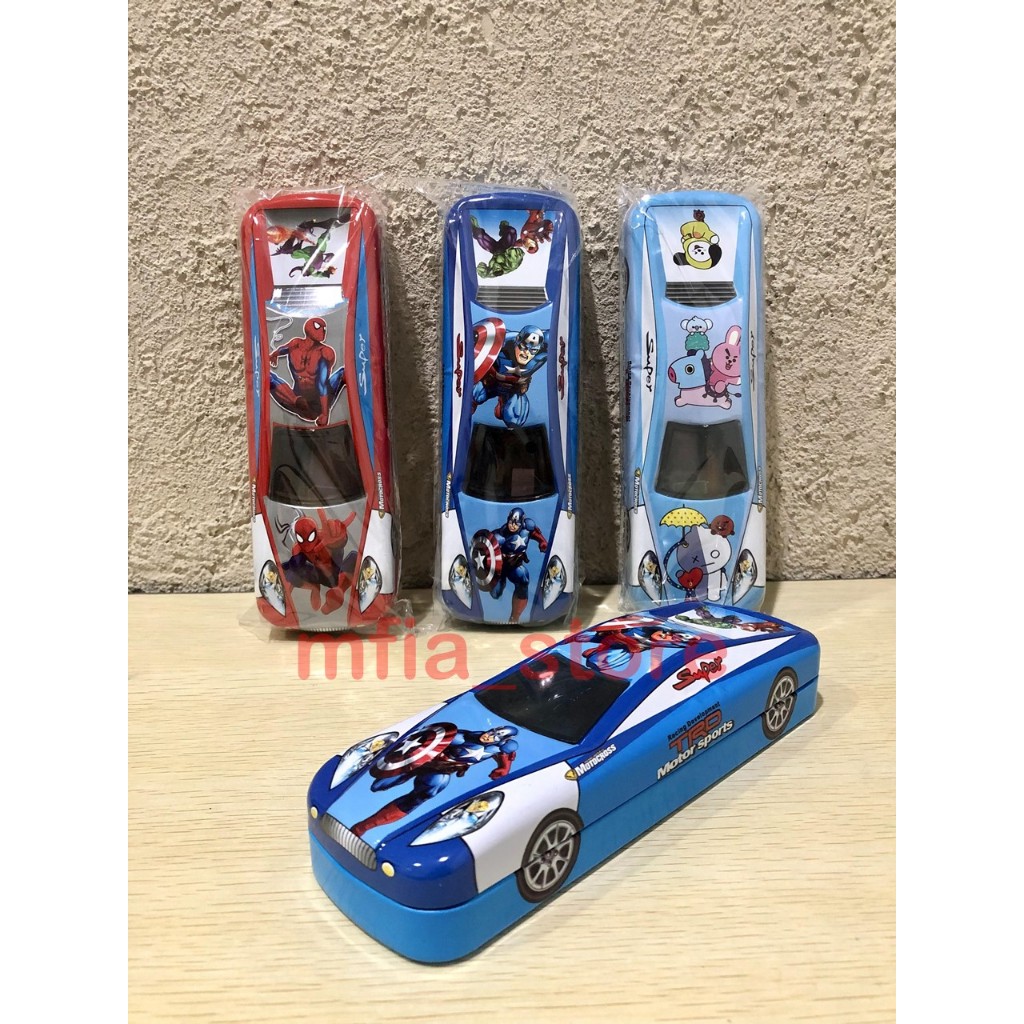 

Kotak Pensil / Tempat Pensil Kaleng /Pencil case Anak Model Mobil Superhero Spiderman, captain america Set
