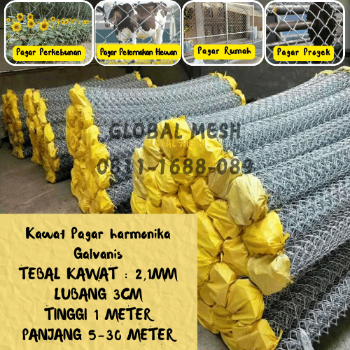 Kawat Pagar Harmonika Galvanis Tebal Kawat 2,1 MM Lubang 3 CM ( 1 Meter X 30 Meter) PER-ROLL