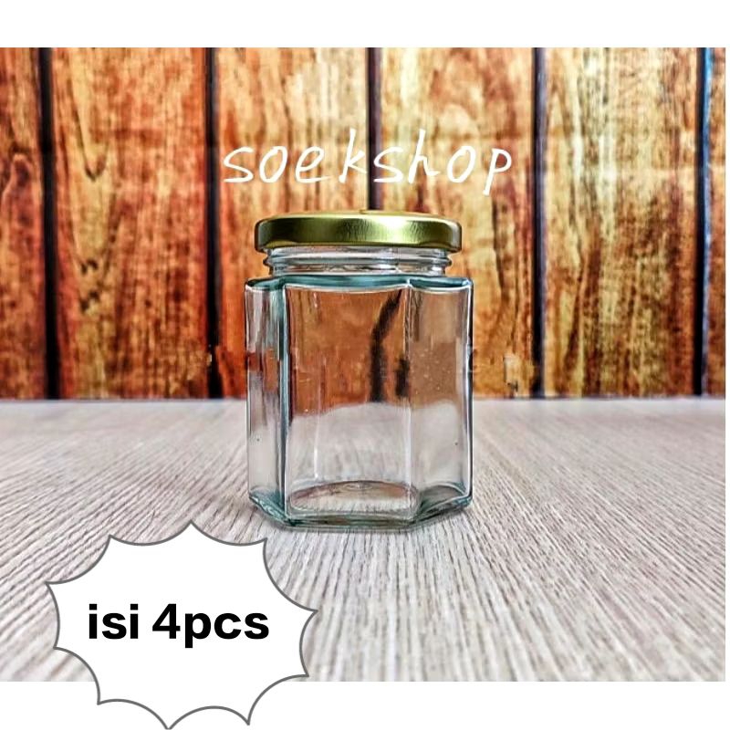 Toples Kaca Hexagonal, Toples Jar Kaca 280ml, Toples Bumbu, Toples Jar Sambal isi 4pcs