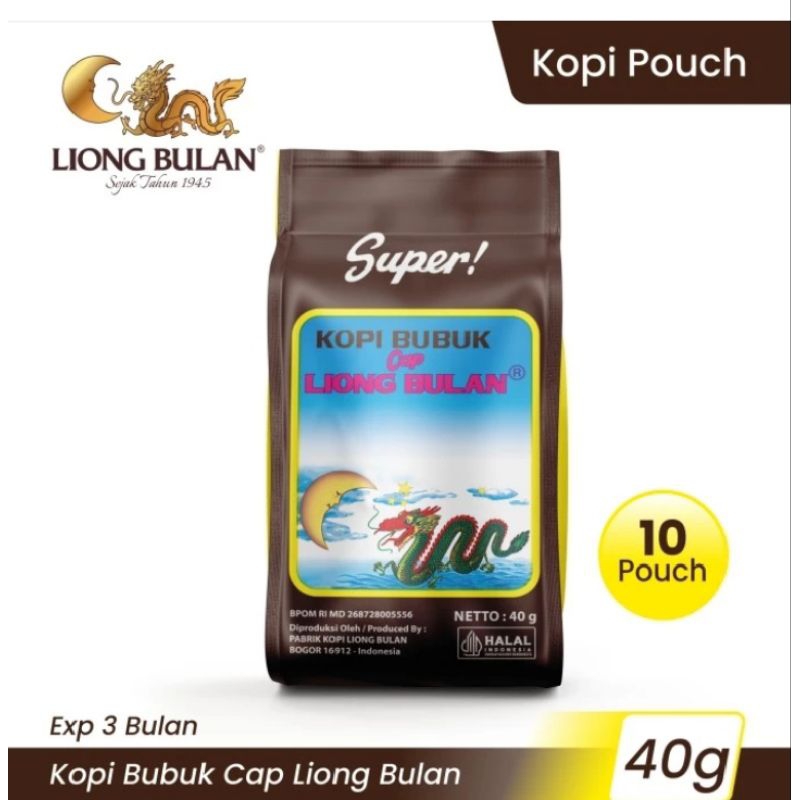 

kopi bubuk liong bulan super (tanpa gula) @40gr,1pak isi 10 pcs