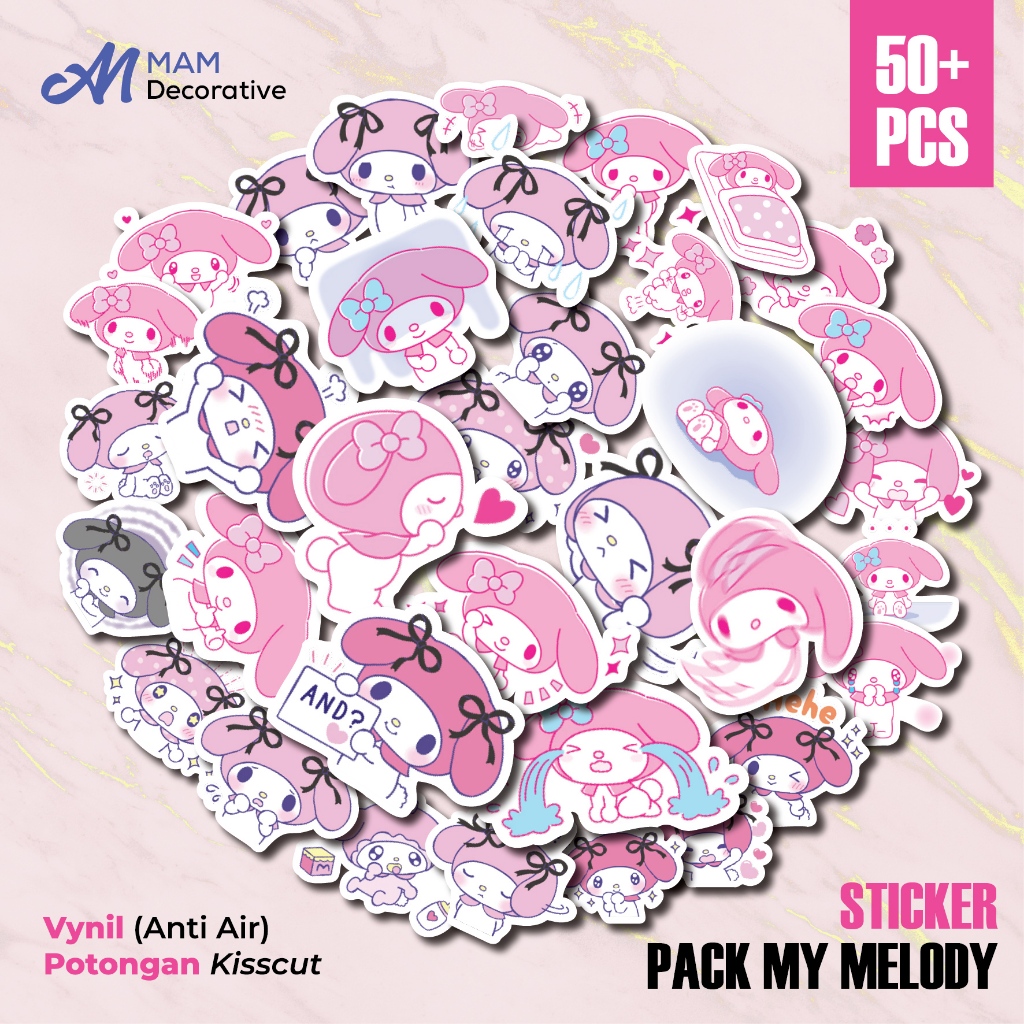 

50 PCS STIKER MY MELODY | Vinyl Waterproof | Stiker Helm Buku Journal Casing HP Laptop