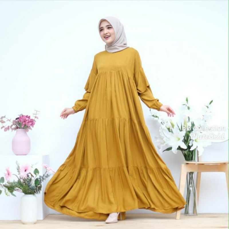 Shella Dress Gamis Wanita Rempel Susun Rayon Armany Twill Premium Mewah Hitam Cokelat Maroon Mustard
