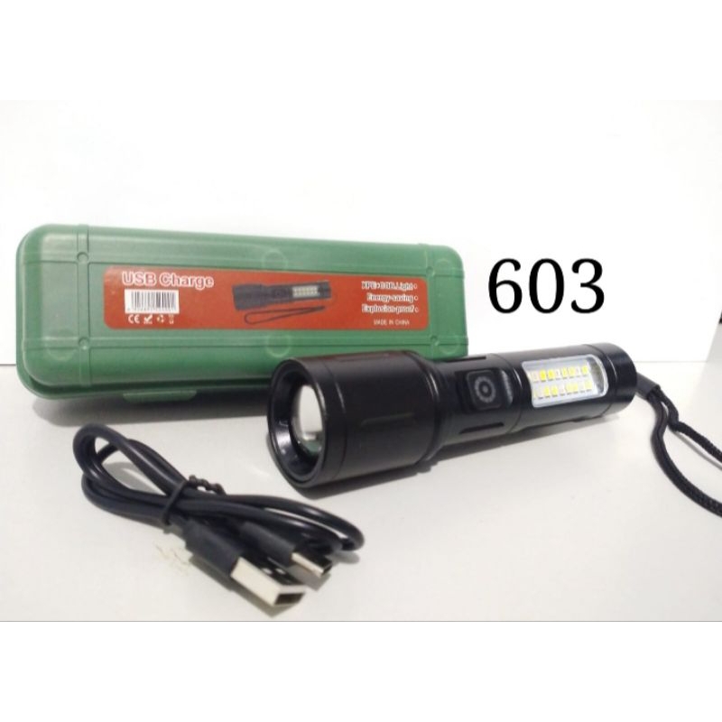 Senter Zoom Box Hijau Super Terang + Cob Samping Cahaya Putih Dan Merah