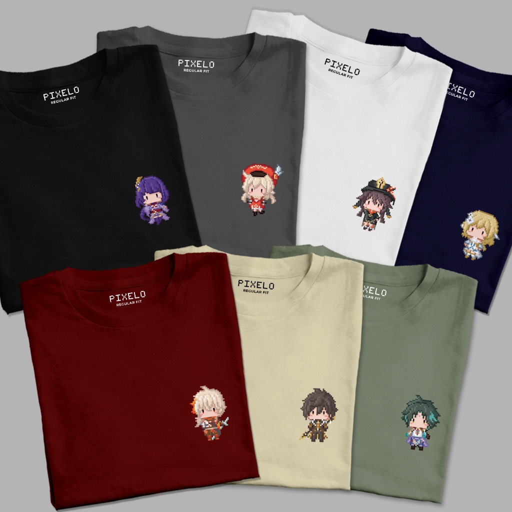 Kaos Genshin Impact Pixelo - T-shirt / Tees Anime, Game Retro & Kaos 90an Klee Mona Lisa Amber Fisch