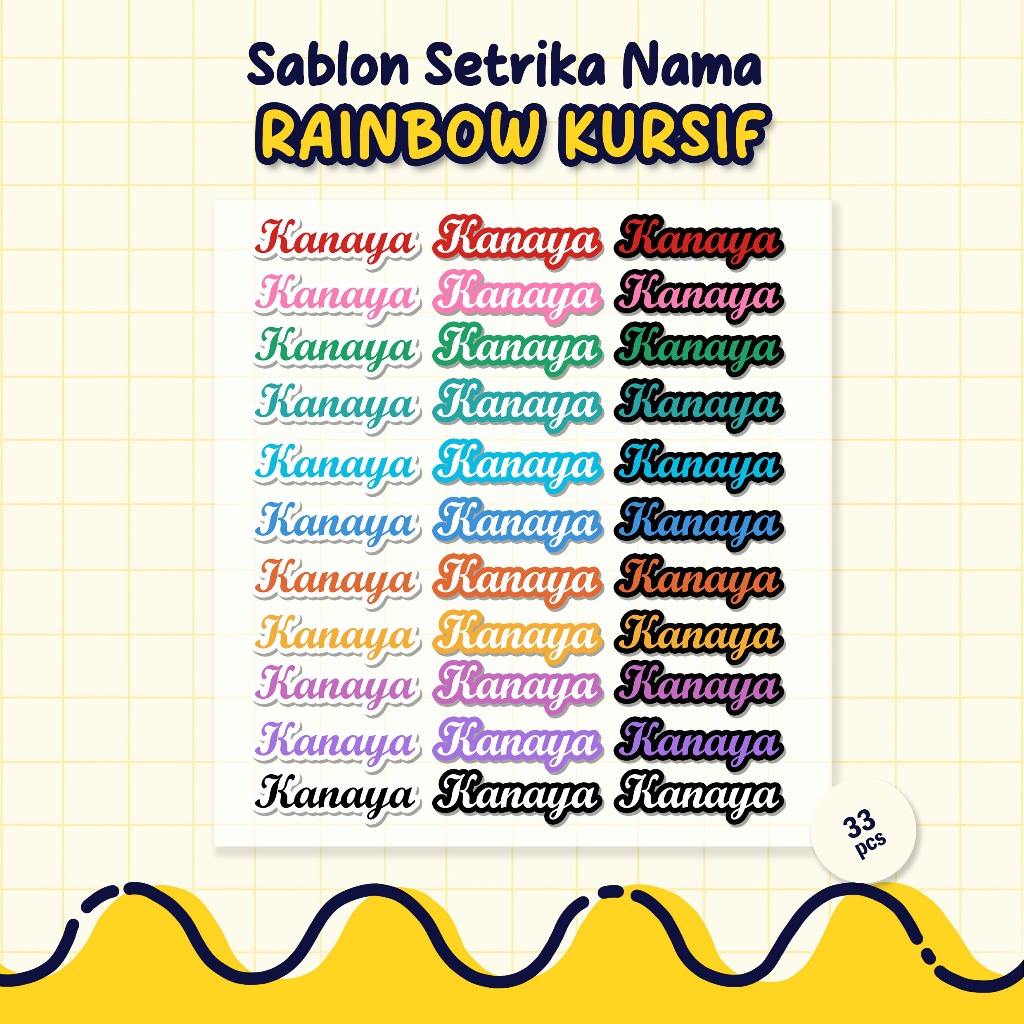 

Sablon Setrika Nama, Sablon DTF Nama, Tema Kursif Rainbow by Sablon Nama