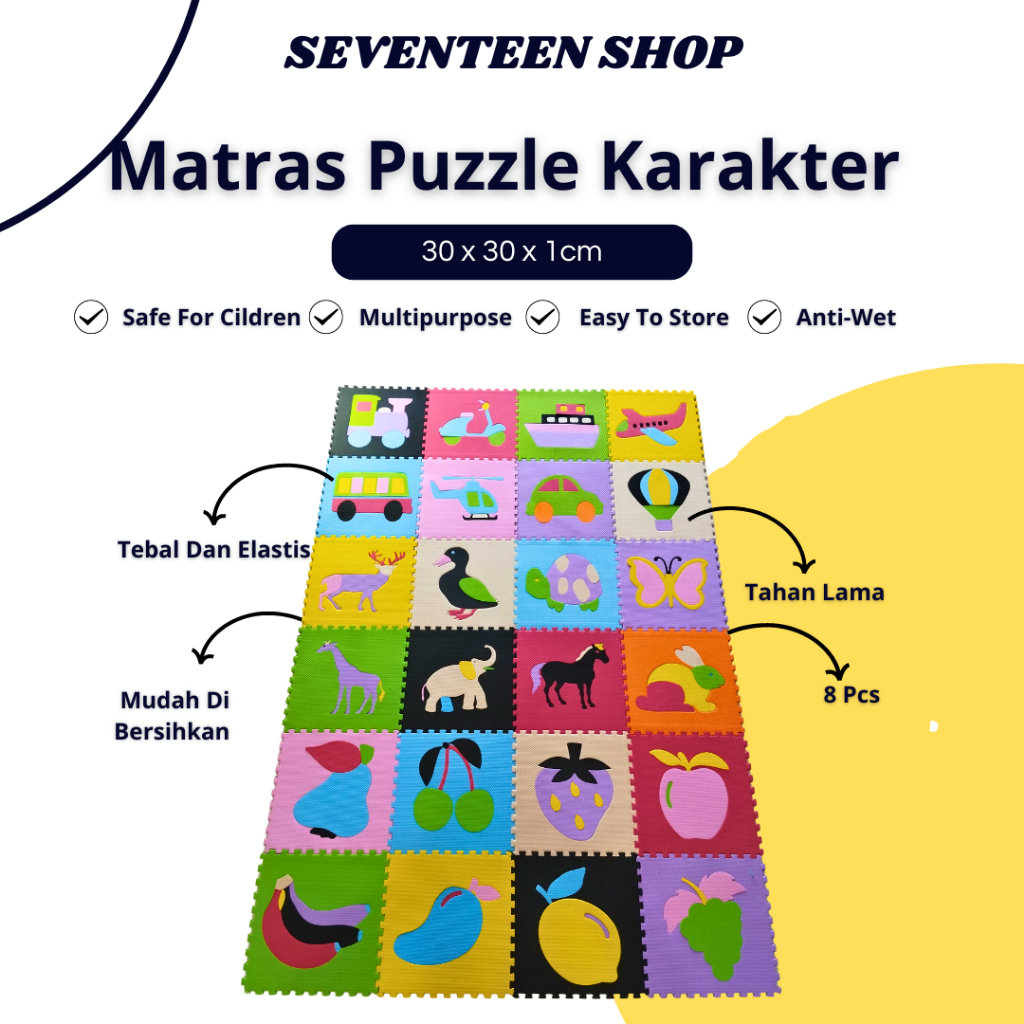 Matras Puzzle Alas lantai Bermain Bayi Karakter Hewan Buah Tranportasi