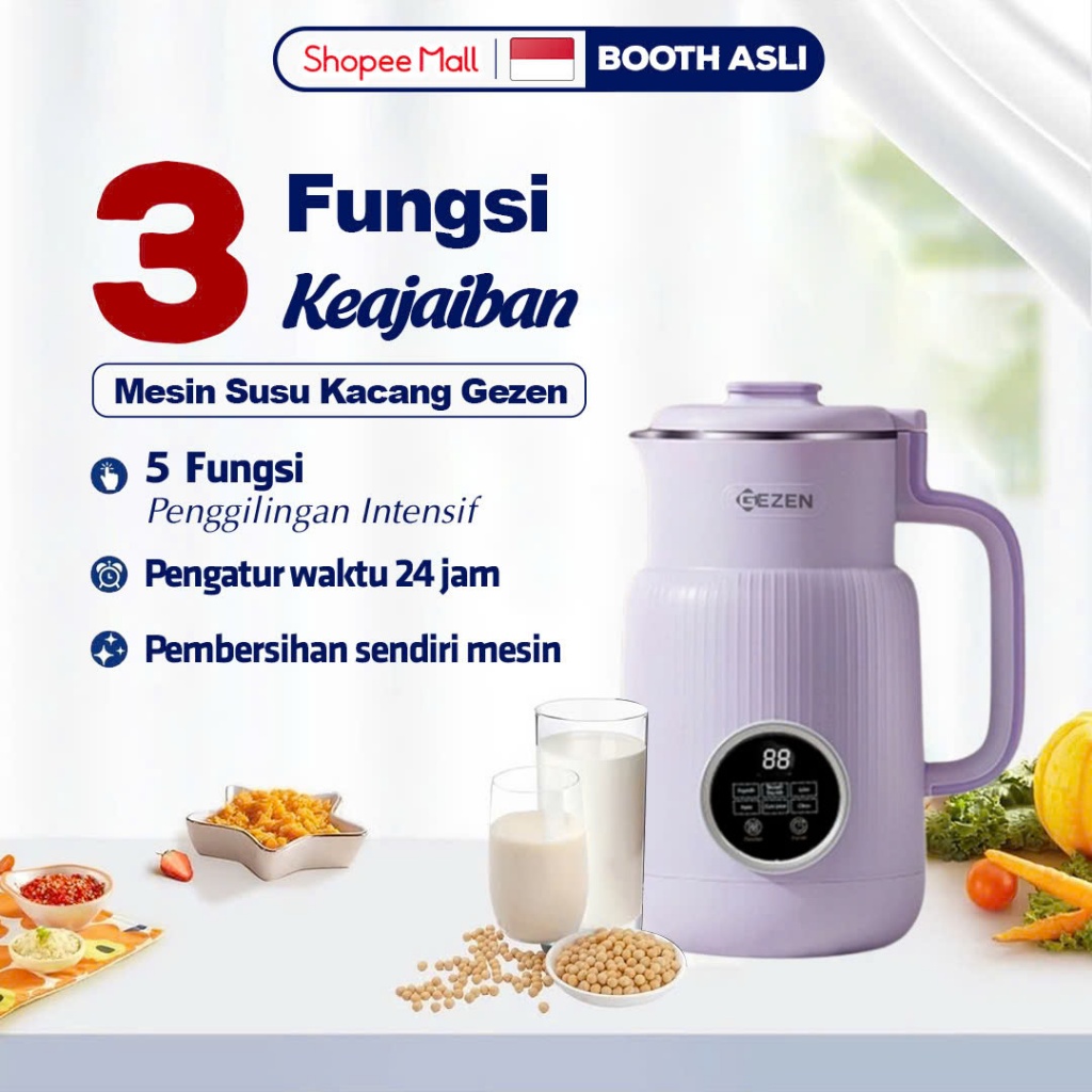 Mesin pembuat susu kacang multifungsi GEZEN, dapat membuat smoothie, bubur, dengan 6 fungsi dan kapa