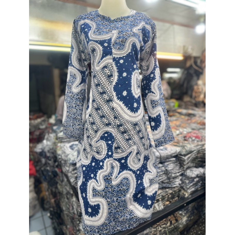 batik tunik wanita warna biru kombinasi putih || size lengkap