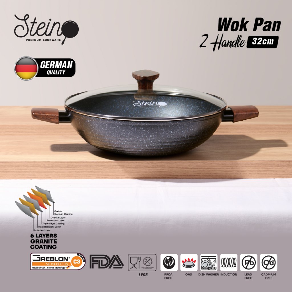 STEIN Onyx Wok Pan (Panci GERMAN Lapisan Coating Granite Anti-Lengket)- 32cm