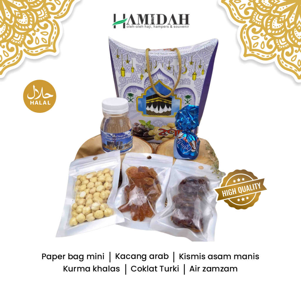 

Paket Oleh-oleh Haji dan Umroh Box Mini Azizah Hampers Bingkisan Premium Kekinian Custom Gift