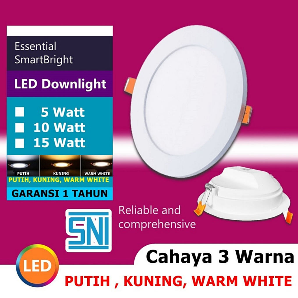 Lampu Downlight Bulat Tricolour 3 Warna Putih Kuning Warm White 5 Watt 10 Watt 15 Watt