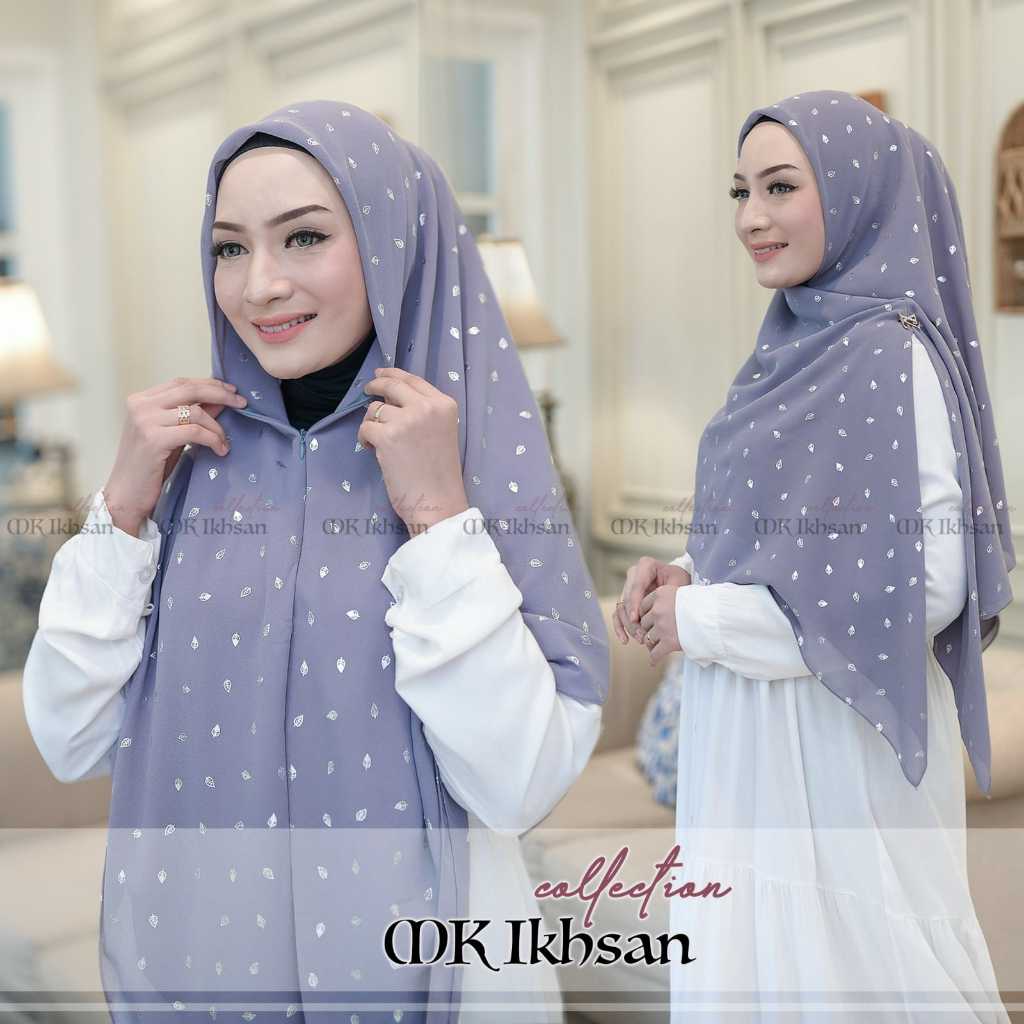 RANIA HIJAB SEGI EMPAT ZIPPER MOTIF DAUN SILVER CERUTY BABYDOLL FRANCE VOILE,HIJAB INSTAN RESLETING 