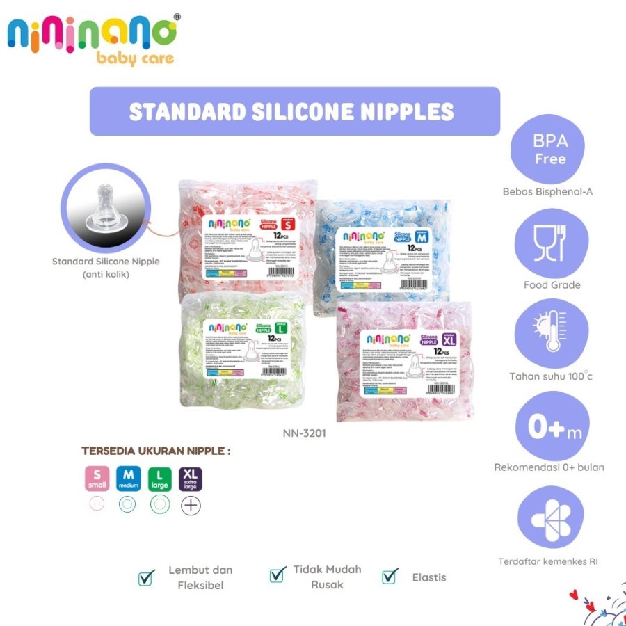 Nininano Baby Nipple Silicone Standart NN-3201 S M L XL Isi 12 Pcs