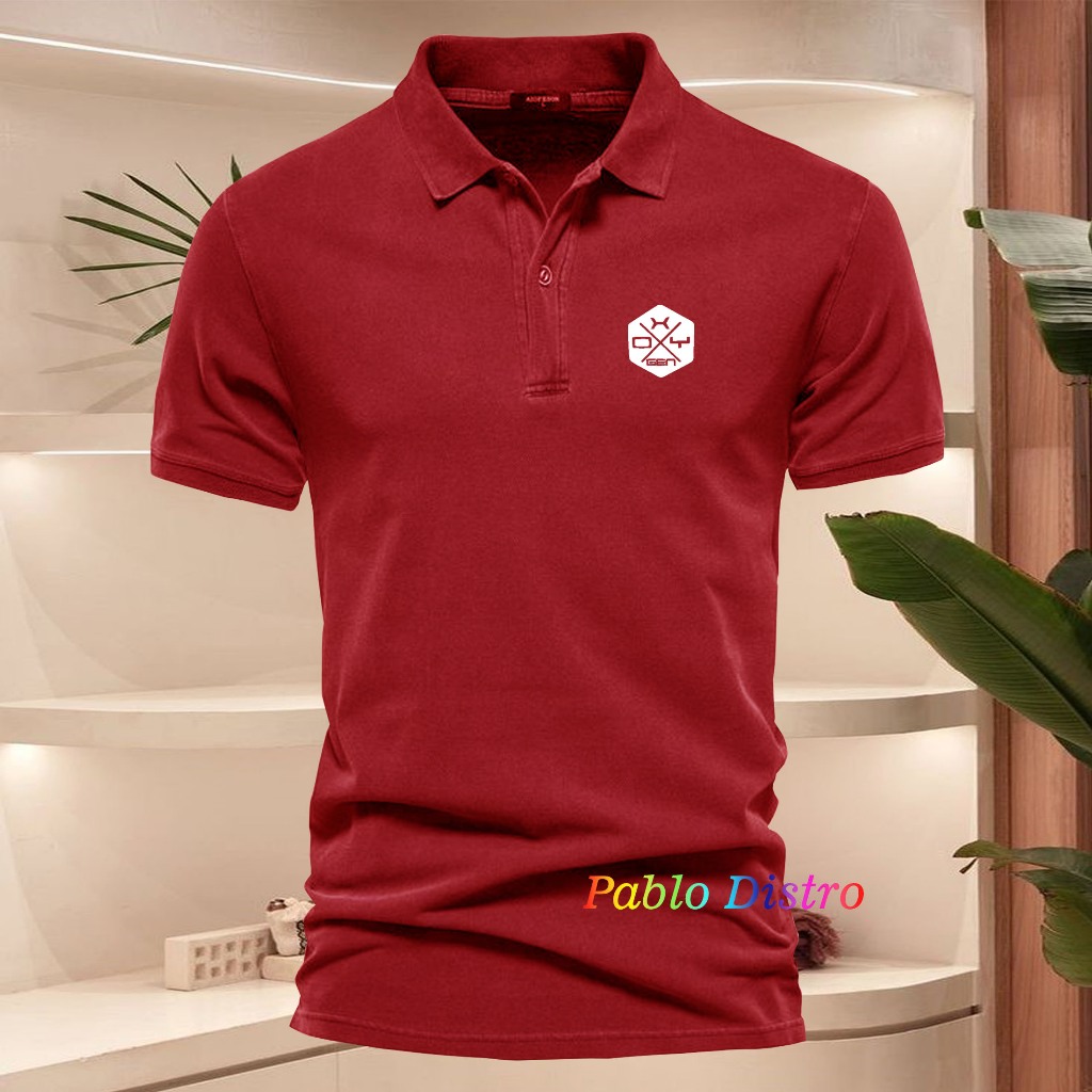 Baju Distro Style Polo Kerah Oxigen Petak Text Putih Kaos Polo T Shirt Denim Premium Quality Atasan 