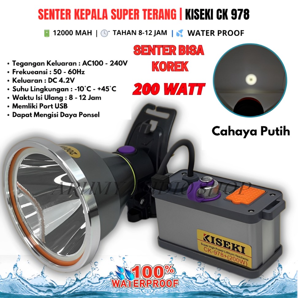 Senter Kepala Headlamp Kiseki 200w 978 200 Watt Ori | Senter Kepala Kiseki 200 Watt Jumbo Cahaya Put