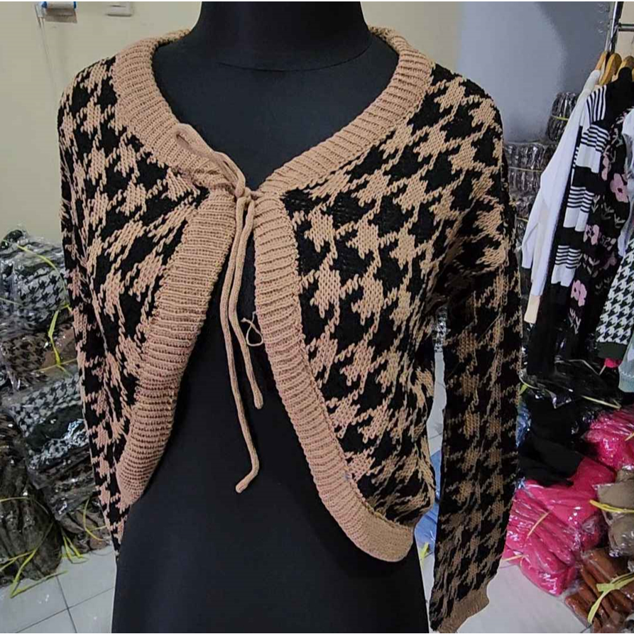 Cardigan Houndstooth Tali/Houndstooth Tali/Cardigan Rajut Crop