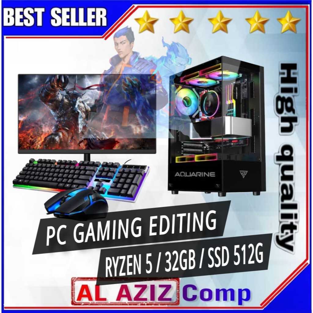 PC Rakitan Gaming Fullset AMD Ryzen 5 5600G RAM 32gb SSD 512gb Lengkap LED 24 Inci Keyboard Mouse Ga