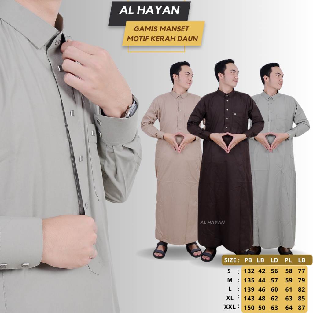 ALHAYAN Jubah Pria Premium Dewasa Lengan Panjang SlimFit Kerah Daun