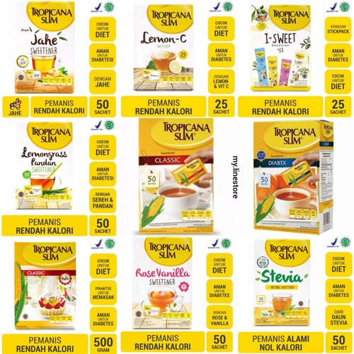 

Gula Jagung / Corn Sugar / Pemanis Tropicana Slim Sweetener 50 x 2.5 Gr Rasa Honey, Stevia, Gula Aren, Gula Buah, Lemon Grass, Classic, Diabtx