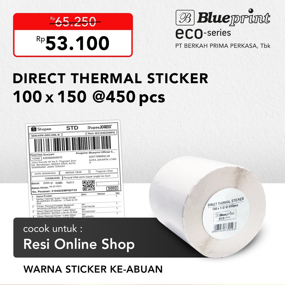 

KODE U57O Direct Thermal Sticker 1 x 15 Label Resi BLUEPRINT ECO 1x15 mm
