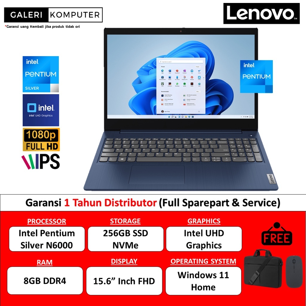 Laptop Murah Lenovo Ideapad Slim 1 15 Intel Pentium Silver N6000 8GB 256GB FHD Win 11
