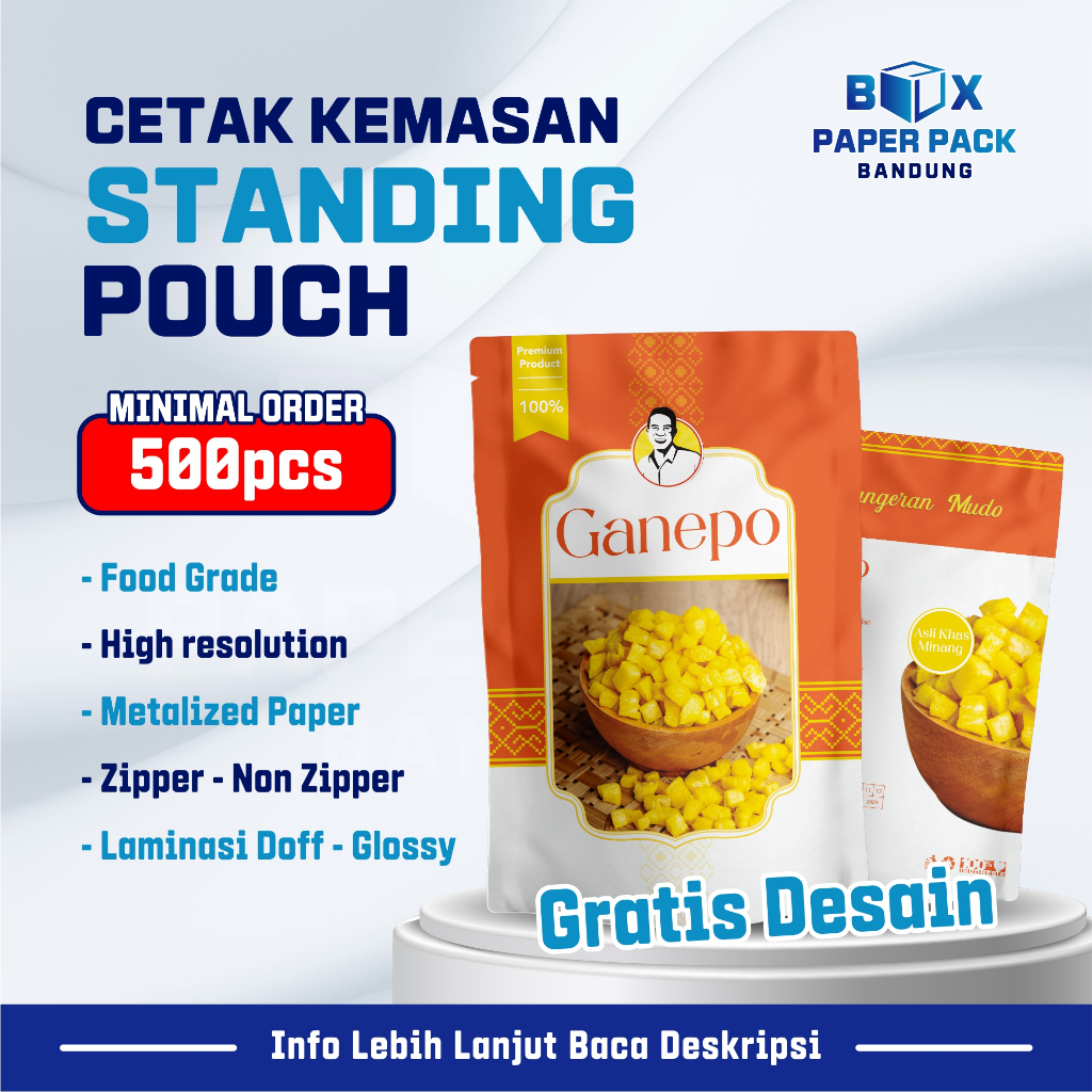 Standing Pouch Custom Cetak Kemasan Makanan Ringan Snack Cemilan Keripik