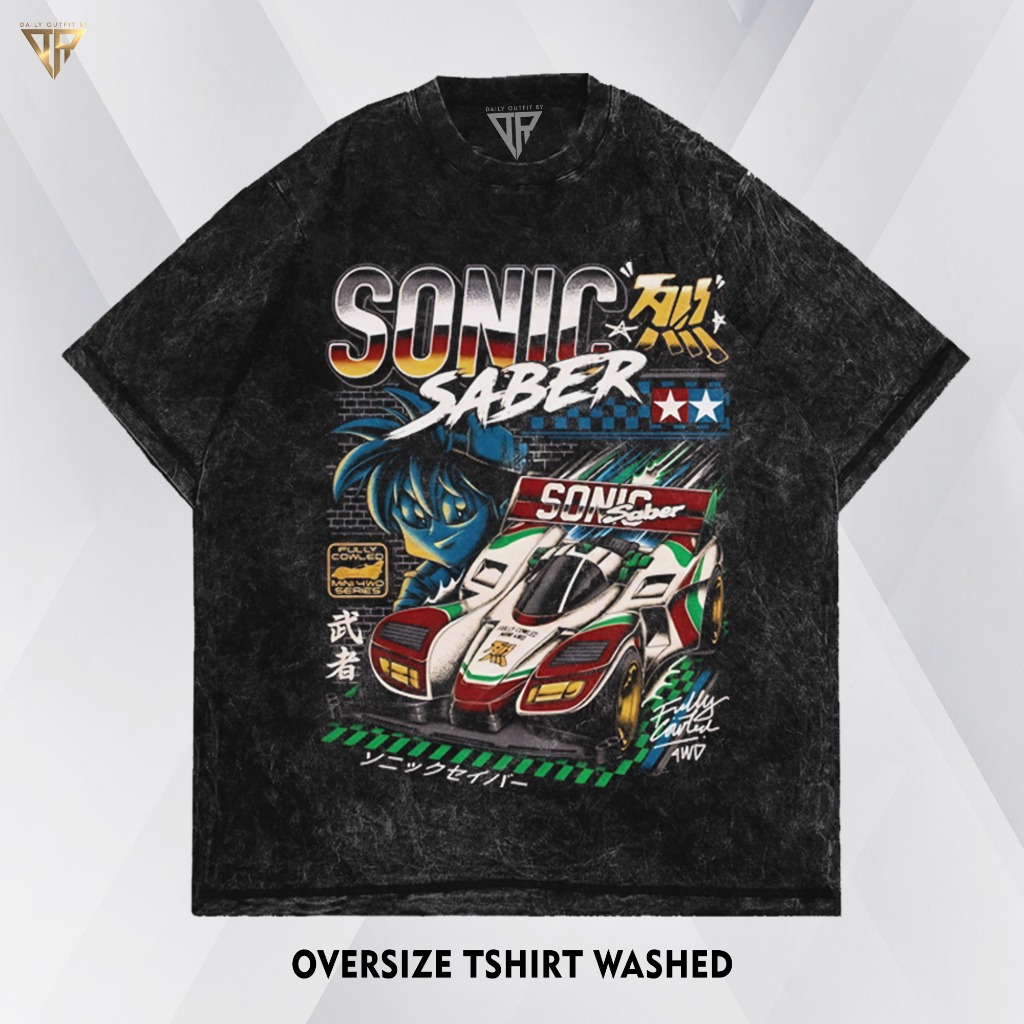 Kaos Oversize TAMIYA Sonic Saber Anime Vintage Washed Boxy Tshirt Washing Sandwash Unisex