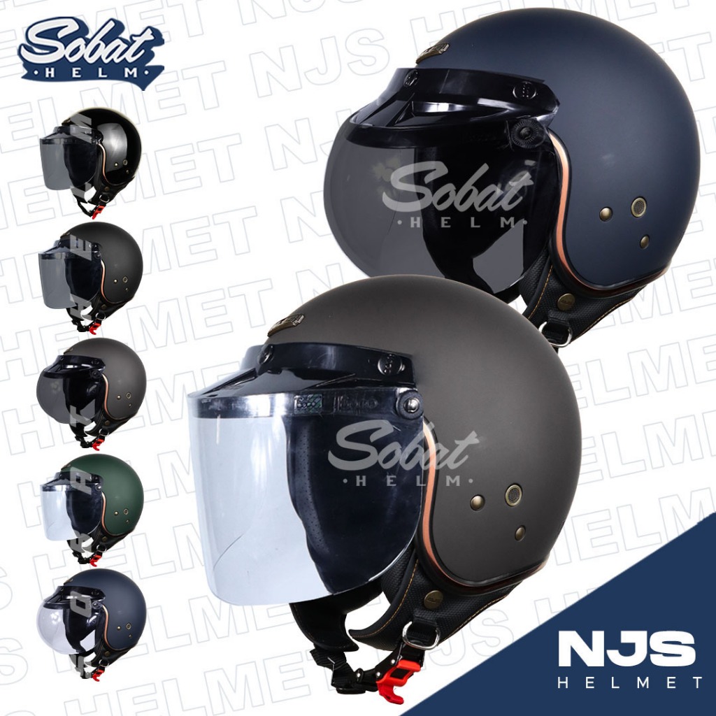 Helm NJS NR-80's SOLID List Gold Kaca BOGO Helm Half Face SNI