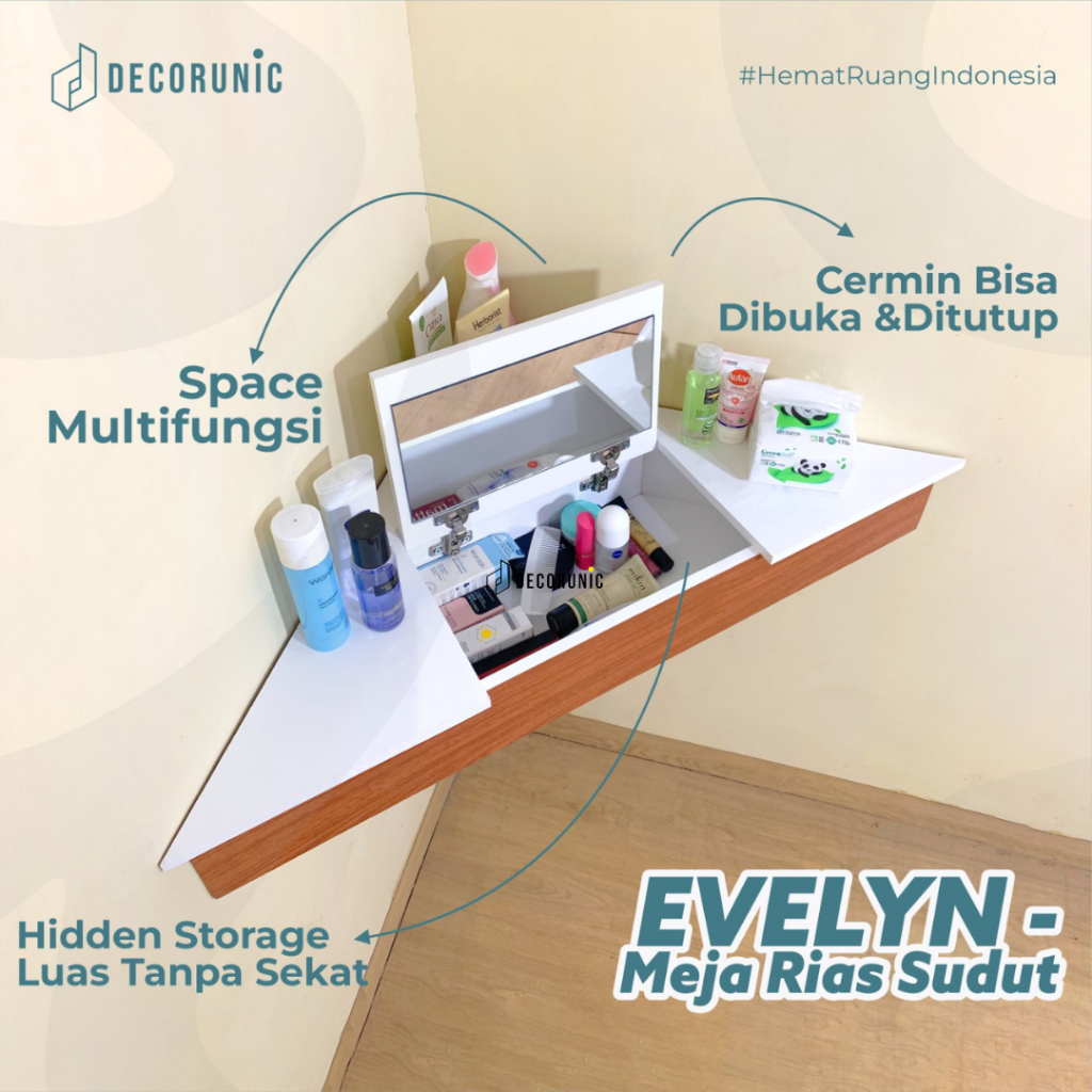 Decorunic Meja Rias Sudut Tempel Dinding Rak Make Up Skincare Minimalis Multifungsi