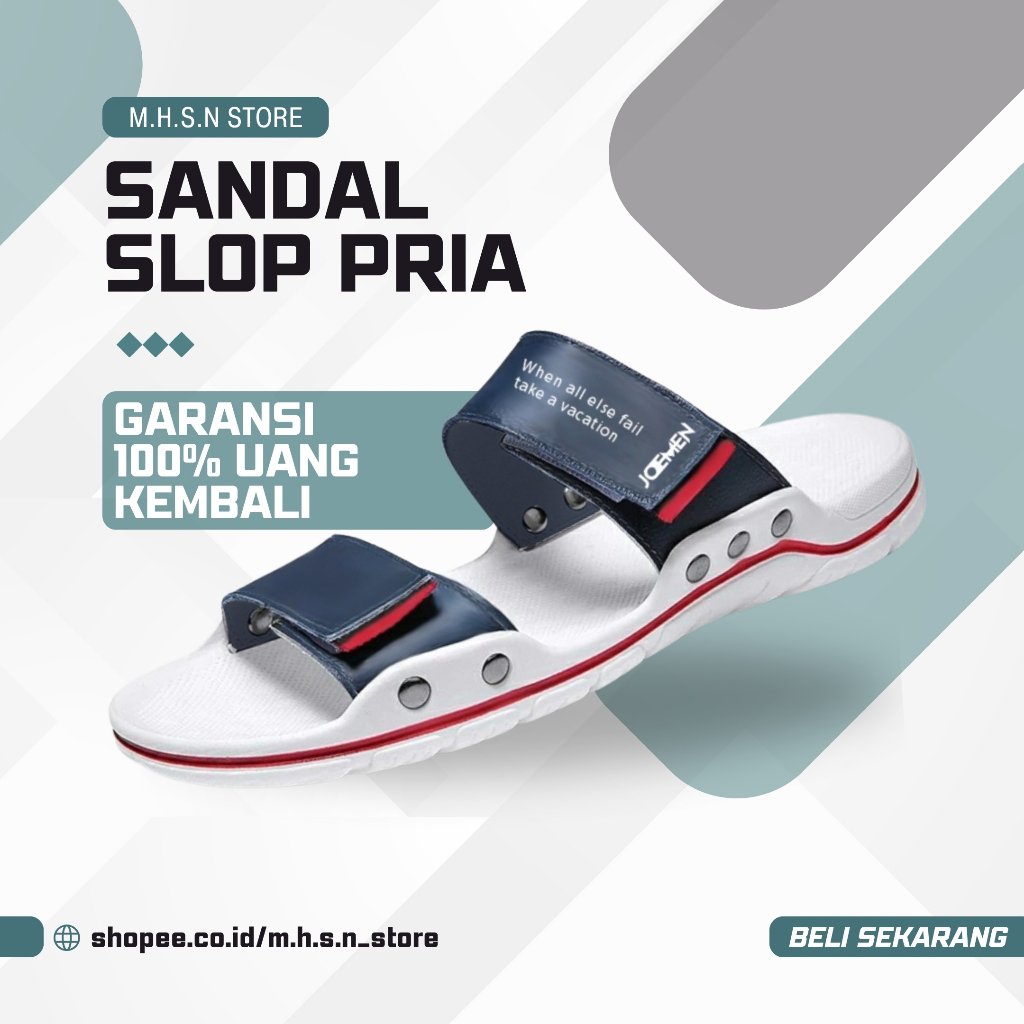 Sandal sendal kulit S 06 warna putih navy untuk pria cowok model slide slop selop yang casual keren 