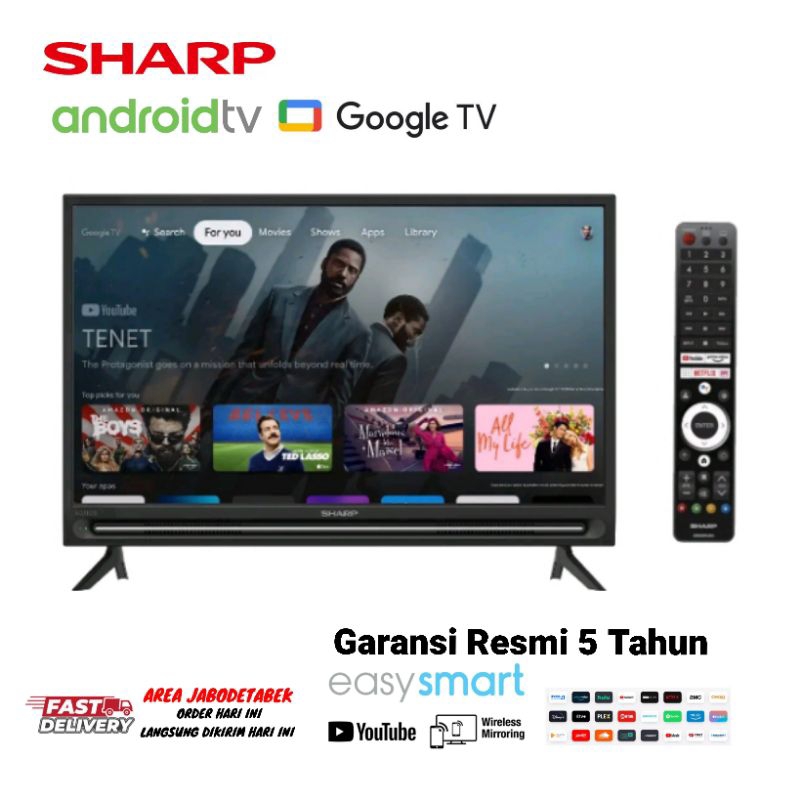 GARANSI 5 TAHUN! LED SHARP Google Android TV 32 Inch - Dolby Speaker 2T-C32E1I Youtube Neflix Blueto