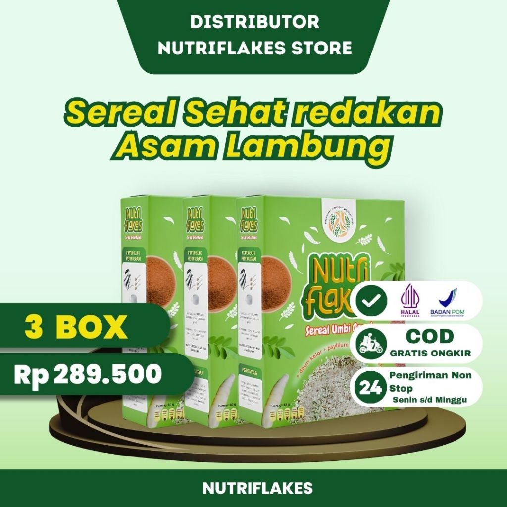 

NUTRIFLAKES 3 BOX ORIGINAL- MINUMAN UMBI GARUT ATASI ASAM LAMBUNG GERD MAAG LIVE COD SURABAYA MALANG