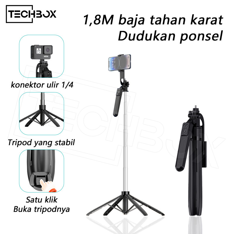 Tech Tongsis Tripod Bluetooth 180CM Paduan Aluminium Selfie Stick 4-leg Stand Remote Tripod HP Kamer