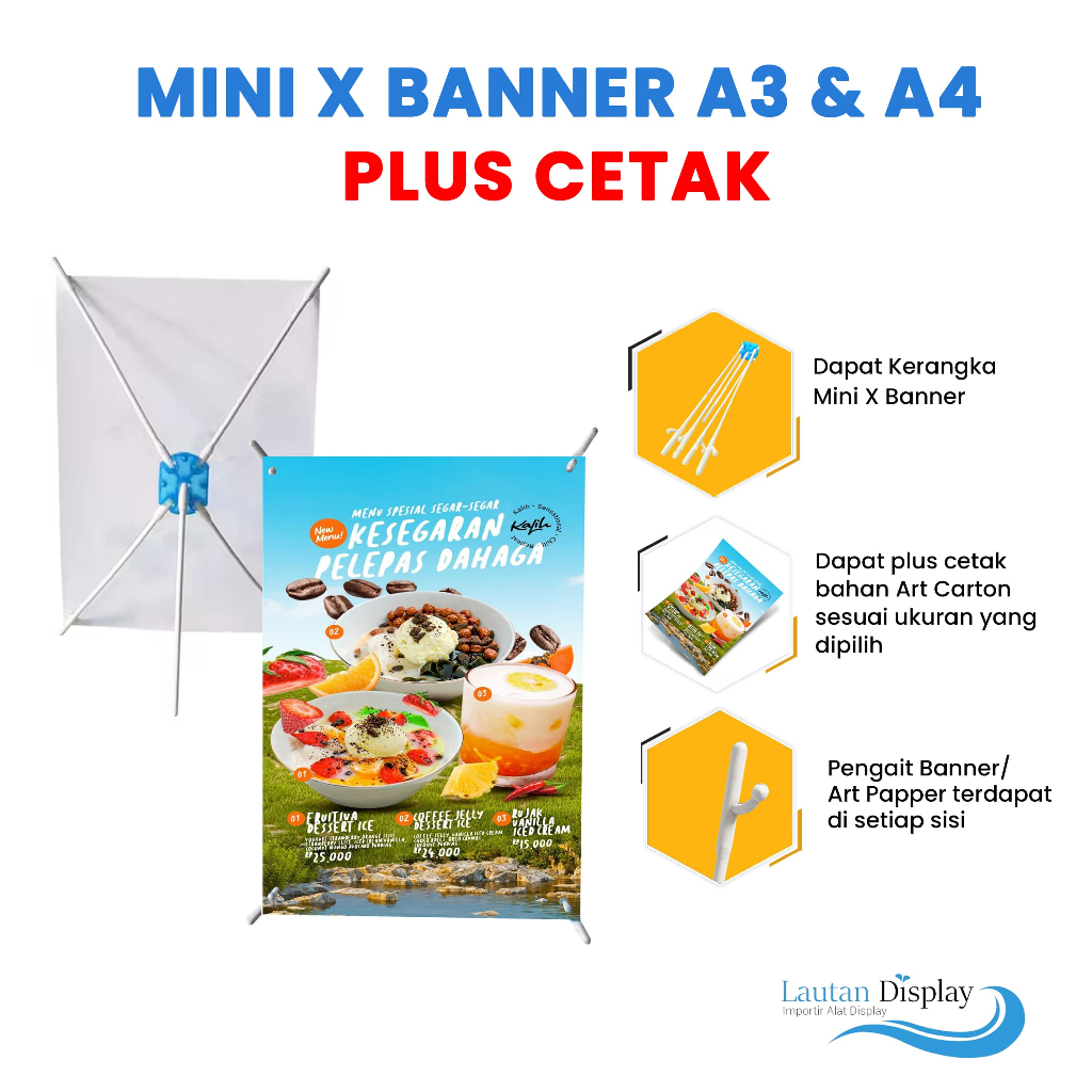 Standing Mini X Banner A3 Dan A4 Custom Design Stand Banner Meja Kecil Brosur (Art Carton) Menu Jual