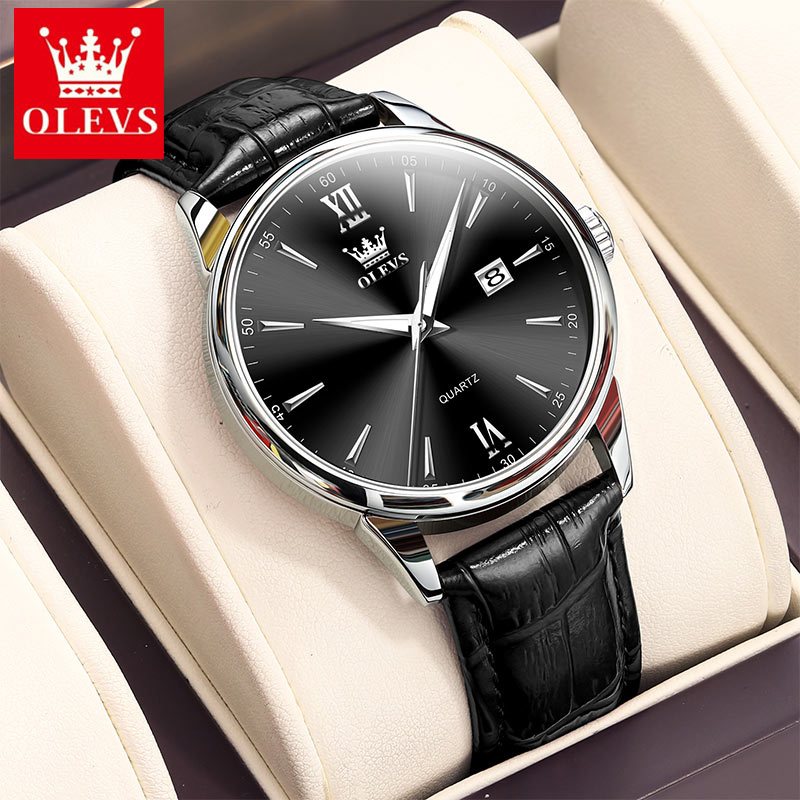 OLEVS Jam Tangan Pria Original Terbaru Analog Kulit Strap Anti Air Casual Jam Tangan Pria Keren